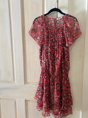 Parker Red and Gray Floral V-Neck Blouse